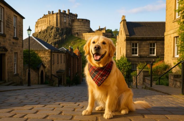 Image Prompt 4: Café with Dog Prompt: An adorable Border Terrier sitting next to a café table on a dog-friendly Edinburgh terrace. The dog has a coffee cup and water bowl beside it, looking alert and friendly. Urban background with flowers and people walking by. Wide aspect ratio, stylish and cute.